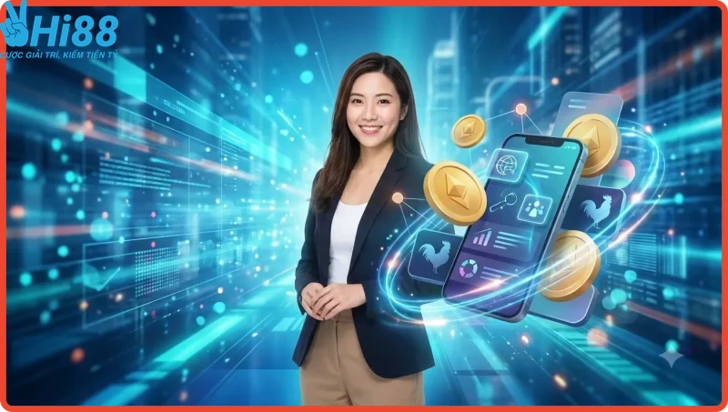 Hình ảnh gà chiến mạnh mẽ trên nền tảng số, thể hiện đam mê đá gà online tại HI88