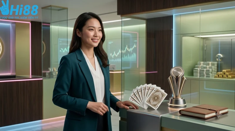 Hình ảnh minh họa chiến thuật chơi bài, với bàn tay cầm lá bài và biểu tượng chiến lược.