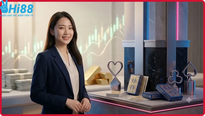 Hình ảnh minh họa về khái niệm trò chơi bài cổ điển, với hai lá bài được chiếu sáng trên bề mặt phản chiếu.