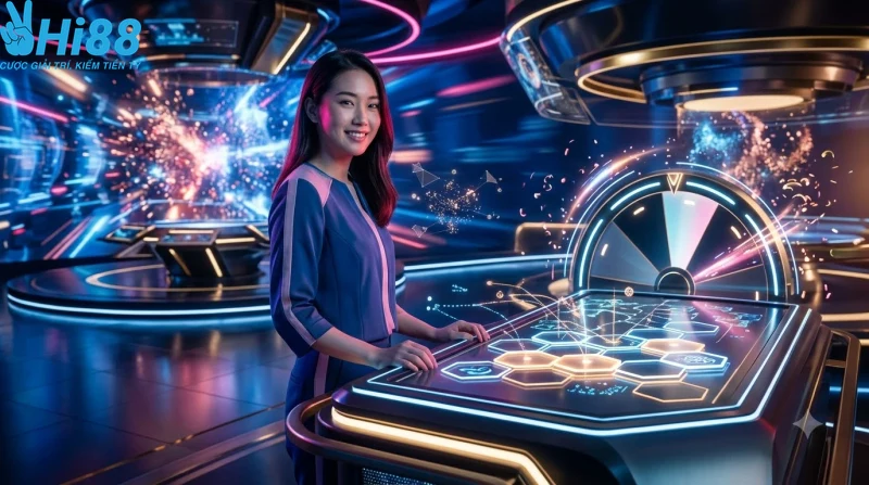 Tổng quan game nổ hũ đường mạt chược với giao diện holographic hiện đại, minh họa trải nghiệm chơi game chiến lược
