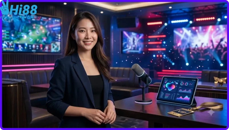 Tổng quan sảnh Live Casino với nhiều bàn chơi và thiết bị phát sóng trực tiếp